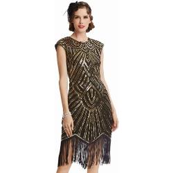 BABEYOND Damen Kleid voller Pailletten 20er Stil Runder Ausschnitt Inspiriert von Great Gatsby Kostüm Kleid (M (Fits 72-82 cm Waist & 90-100 cm Hips), Gold und Schwarz)