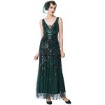 Dunkelgrüne Vintage Ärmellose Babeyond Maxi V-Ausschnitt Lange Abendkleider mit Pailletten aus Tüll für Damen Größe XS zum Abschlussball 
