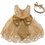 Reduzierte Goldene Bestickte Elegante Ärmellose Kinderfestkleider mit Pailletten mit Reißverschluss aus Tüll für Babys 