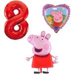 Ballonset Peppa Wutz Pig 3 er Set Peppa Folienballon, Zahl 8 in rot, Peppa mit Teddy Herz