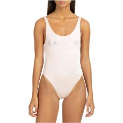 Balmain, Einteiliger Badeanzug mit Kristall-Logo Beige, Damen, Größe: M