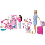 BARBIE - Traumvilla, Poolparty Puppenhaus mit mehr als 75 Teilen und Rutsche über 3 Etagen & Puppe Barbie Dream House Adventures, Reise-Barbie mit blonden Haaren