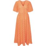 Aprikose Elegante Maxi V-Ausschnitt Kleider mit Lochstickerei aus Baumwolle für Damen Größe XS 