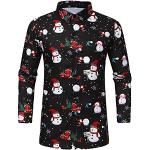 Schwarze Karo Stehkragen Stehkragenhemden mit Weihnachts-Motiv mit Knopf aus Flanell für Herren Größe L Weihnachten für den für den Herbst 