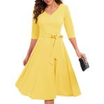 Gelbe Elegante 3/4-ärmelige V-Ausschnitt Lange Abendkleider mit Reißverschluss aus Nylon für Damen Größe S 