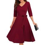 Burgundfarbene Elegante 3/4-ärmelige V-Ausschnitt Lange Abendkleider mit Reißverschluss aus Nylon für Damen Größe 3 XL 
