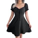 Schwarze Unifarbene Elegante Kurzärmelige Mini V-Ausschnitt Plisseekleider mit Puffärmeln aus Polyester für Damen Größe M für den für den Sommer 