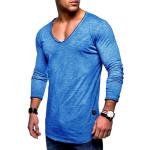 Blaue Melierte Sportliche Langärmelige Behype V-Ausschnitt V-Shirts Größe XXL für Partys 