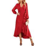Rote Unifarbene Langärmelige Maxi V-Ausschnitt Wickelkleider für Damen Größe XXL für den für den Herbst 
