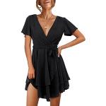 Schwarze Unifarbene Kurzärmelige Wickelkleider mit Volants maschinenwaschbar für Damen Größe S für Partys für den für den Sommer 