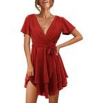 Rote Mini V-Ausschnitt Wickelkleider mit Volants maschinenwaschbar für Damen Größe XL für Partys für den für den Sommer 