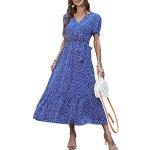 Reduzierte Blaue Boho Kurzärmelige V-Ausschnitt Wickelkleider mit Rüschen für Damen Größe XL für den für den Sommer 