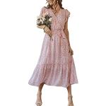 Reduzierte Rosa Blumenmuster Boho Kurzärmelige V-Ausschnitt Wickelkleider mit Rüschen für Damen Größe XL für den für den Sommer 