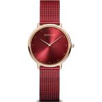 Rote Bering Time Quarz Damenarmbanduhren aus Edelstahl mit Saphir mit Saphirglas-Uhrenglas mit Milanaise-Armband 