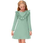 Grüne Unifarbene Langärmelige Rundhals-Ausschnitt Kinderkleider A-Linie mit Rüschen für Mädchen Größe 140 für den für den Herbst 