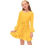 Gelbe Unifarbene Langärmelige Midi Rundhals-Ausschnitt Kinderkleider A-Linie für Mädchen Größe 140 für den für den Herbst 