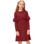 Burgundfarbene Langärmelige Rundhals-Ausschnitt Kinderkleider A-Linie mit Rüschen aus Baumwolle für Mädchen Größe 140 für den für den Herbst 
