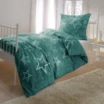 Grüne Sterne Biberbettwäsche mit Reißverschluss aus Baumwolle 155x200 