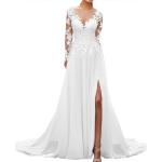 Weiße Bestickte Langärmelige V-Ausschnitt Brautkleider A-Linie aus Chiffon für Damen Größe L für die Braut 