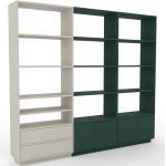 Bibliotheksregal Waldgrün - Modernes Regal für Bibliothek: Schubladen in Taupe & Türen in Waldgrün - 226 x 200 x 35 cm, konfigurierbar