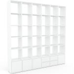 Bibliotheksregal Weiß - Modernes Regal für Bibliothek: Schubladen in Weiß & Türen in Weiß - 233 x 233 x 35 cm, konfigurierbar