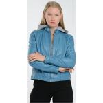 Blaue Übergangsjacken mit Schnalle aus Leder mit Kapuze für Damen Größe S für den für den Herbst 