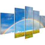 Bild auf Leinwand Landschaft Mit Blühenden Feld Und Rainbow  Wandbild Leinwandbild Wand Bilder Poster 170x80cm 5-teilig