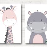 Bilder Kinderzimmer Poster Kinderbilder Kinderzimmerbilder 2Er Set Giraffe Und Nilpferd/A4/Rosa Grau