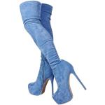 Blaue Pfennigabsatz Damenoverkneestiefel mit Reißverschluss aus Leder Größe 42 