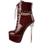 Burgundfarbene Lack-Optik Elegante Vegane High Heel Stiefeletten & High Heel Boots mit Nieten mit Riemchen für Damen Größe 38 