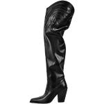 Schwarze Bestickte Damenoverkneestiefel mit Nieten mit Schnalle aus Leder Größe 44 