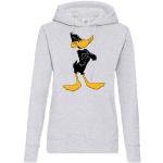Graue Sportliche Langärmelige Looney Tunes Daffy Duck Rundhals-Ausschnitt Damenhoodies & Damenkapuzenpullover mit Kapuze Größe XS 