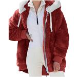 Bordeauxrote Vintage Maxi Trenchcoats lang mit Reißverschluss aus Fleece mit Kapuze für Damen für den für den Winter 