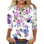 Rosa Blumenmuster Elegante 3/4-ärmelige Rundhals-Ausschnitt T-Shirts aus Baumwolle für Damen Größe M für den für den Sommer 