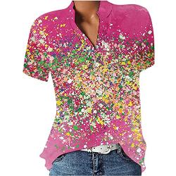 Blusen & Tuniken für Damen Bluse Kurzarm V-Ausschnitt Hemdbluse Sommer Shirt Blumen Knopfleiste Tunika Tops Oversize Locker Oberteil Longshirt Hemd