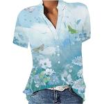 Hellblaue Oversize V-Ausschnitt Tunika-Blusen mit Insekten-Motiv aus Baumwolle für Damen Größe XXL für den für den Sommer 