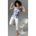 Offwhitefarbene Blusenshirts & Schlusen mit Galonstreifen aus Jersey für Damen 