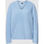 Hellblaue Unifarbene HUGO BOSS BOSS V-Ausschnitt Strickpullover aus Baumwollmischung für Damen Größe XS 