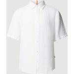 Weiße Unifarbene Halblangärmelige HUGO BOSS Boss Orange Kentkragen Hemden mit Kent-Kragen aus Leinen für Herren Größe L 