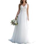 Weiße Ärmellose Jaeden Maxi V-Ausschnitt Standesamtkleider aus Tüll für Damen Übergrößen für die Braut 