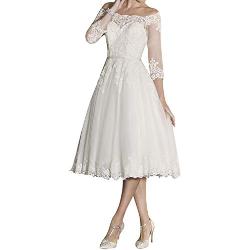 Brautkleider Kurz A-Linie Vintage Hochzeitskleider Standesamt Kleider Schulterfrei 3/4-Arm Brautkleid Weiß EU46