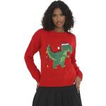 Rote Langärmelige Weihnachtspullover mit Dinosauriermotiv mit Pailletten aus Acryl für Herren Größe M Weihnachten 