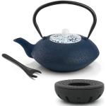 Blaue Asiatische Teekannen mit Stövchen 1,2l aus Edelstahl 