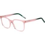 Brillenfassung aus rosafarbenem Acetat mit grünen Bügelenden
