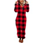 Rote Karo Elegante Langärmelige Pyjamas lang mit Reißverschluss aus Frottee mit Kapuze für Damen Größe XXL für den für den Winter 