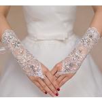 Weiße Fingerlose Handschuhe & Halbfinger-Handschuhe mit Strass aus Spitze für Damen Größe M für die Braut 