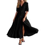 Schwarze Unifarbene Boho Kurzärmelige Maxi V-Ausschnitt Sommerkleider mit Knopf für Damen Größe XXL 