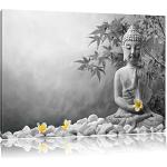 Buddha mit Monoi Blüte in der Hand schwarz/weiß Format: 80x60 auf Leinwand, XXL riesige Bilder fertig gerahmt mit Keilrahmen, Kunstdruck auf Wandbild mit Rahmen, günstiger als Gemälde oder Ölbild, kein Poster oder Plakat