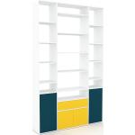 Bücherregal Blaugrün - Modernes Regal für Bücher: Schubladen in Gelb & Türen in Blaugrün - 154 x 253 x 35 cm, konfigurierbar
