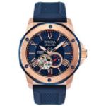 Marineblaue Bulova Marine Star Runde Automatik Herrenarmbanduhren aus Edelstahl mit römischen Zahlen mit Mineralglas-Uhrenglas mit Roségold-Armband 
